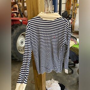 Ralph Lauren Cream and Navy Mock Neck Stretch Long Sleeve Shirt with Red Emblem